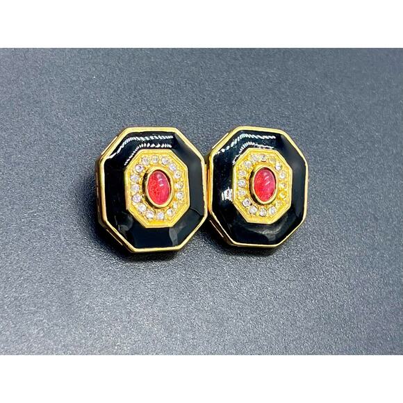 Christian Dior Signed Vintage 1980s Ruby Gripoix Black Enamel Clip On Earrings - Picture 7 of 13